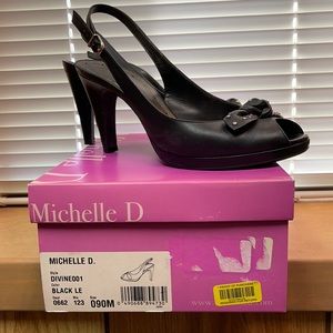 Michelle D “DIVINE” Black Leather Peep-toe Sling-back Heels with Grommeted Bows
